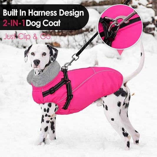 AOFITEE Dog Coat for Large Dogs, Waterproof Dog Jacket Winter with Harness Built in, Warm Fleece Pet Puffer Jacket with Zipper, Cold Weather Coats for Dogs, Reflective Pet Snowsuit, Pink XXL