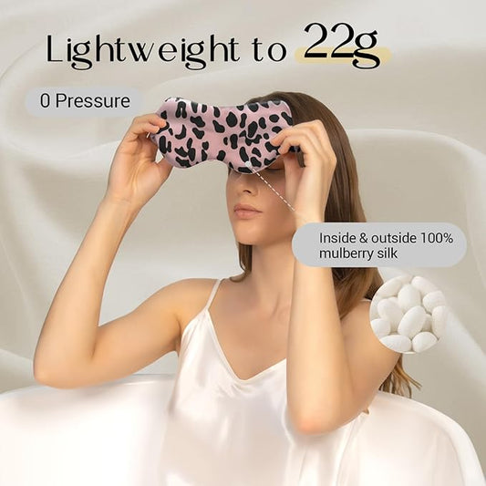 ZIMASILK Adjustable 100% 22 Momme Mulberry Silk Sleep Mask for Sleeping, Filled with Premium Mulberry Silk, Softest & Breathable Eye Sleeping Mask (Leopard - Black Pink)