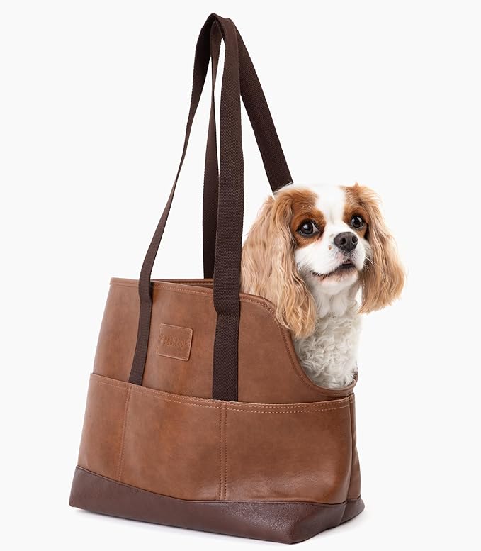 Luxury Dog Purse Carrier - Brown Faux Leather Pet Carrier, Secure Harness Clip, Tote Bag for Small Dogs and Puppies
