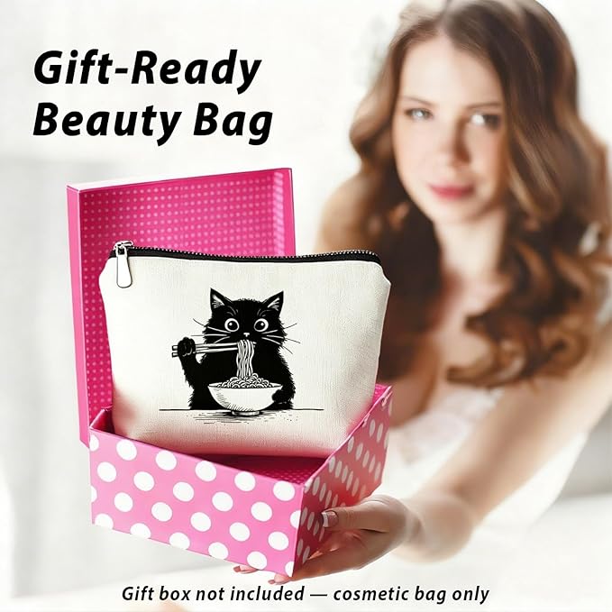 Black Cat Makeup Bag, Funny Black Kitty Eat Noodles Cosmetic Bags for Women, Cat Mom Lady Lover Gifts for Women, Pet Lovers Owners Gifts Zipper Makeup Pouch