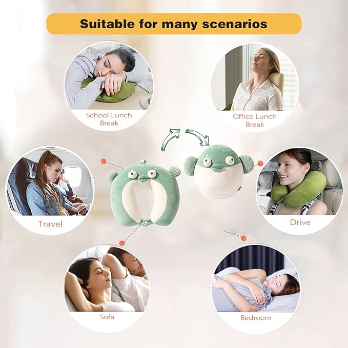 Kids Travel Pillow - 2-in-1 Deformable Kids Neck Pillow for Traveling, Soft U-Shaped Pillow with Adorable Animal Design, Comfy Sleep and Play, Ideal for Airplanes and Traveling (Green Fish)