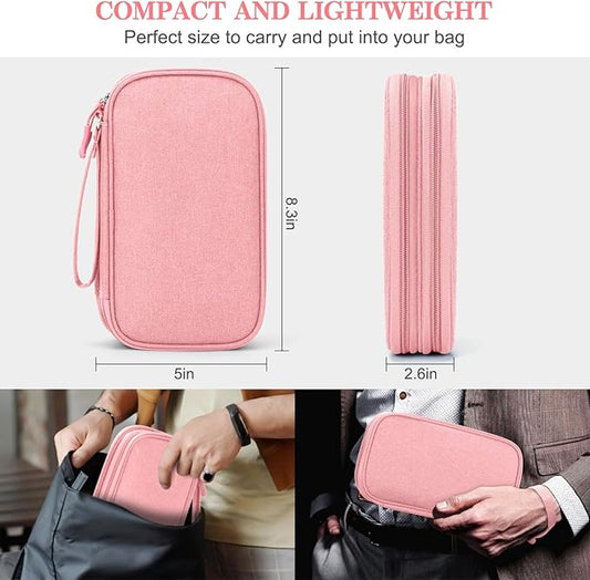 FYY Electronic Organizer, Electronic Accessories Carry Case Portable Waterproof Pouch Double Layers Storage Bag for Travel Cable, Cord, Charger, Phone, Earphone, Medium Size, Pink