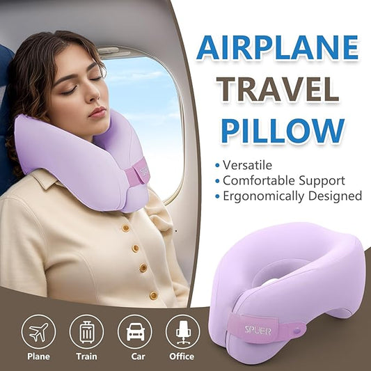 2in1 Ergonomic Memory Foam Travel Neck Pillow – Travel Pillow for All Sleep Positions on Flights, Road Trips, and Long Distance Travel with Drawstring Bag (Adjustable - Lavender)