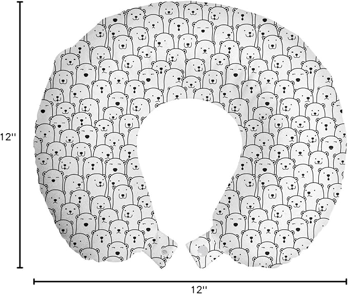 Ambesonne Polar Bear Travel Pillow Neck Rest, Crowd of Arctic Animals with Funny Bored Surprised Smiling Face Expressions, Memory Foam Traveling Accessory for Airplane and Car, 12", Black and White