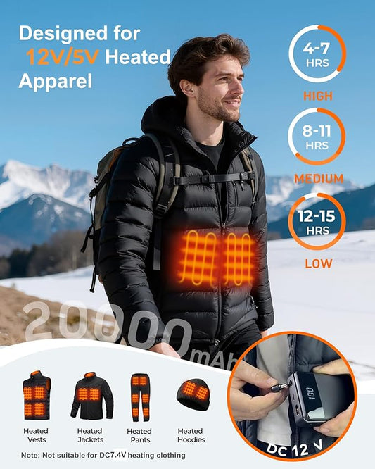 12V/5V 2A 3A 20000mAh Heated Jacket Battery Pack Compatible with SOLJIKYE, YHQ,Wulcea and Genovega, Portable Power Bank for 𝟓𝐕 USB Heated Jackets Vest Camping Chair (NOT for DC 7.4V)