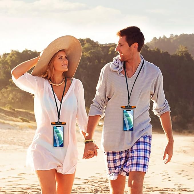 Waterproof Phone Pouch, Waterproof Phone Case with Lanyard for iPhone, Samsung, IPX8 Cellphone Beach Dry Bag Kayak Cruise Ship Essentials 2Pack-7.5" Black Orange