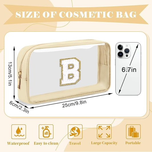 Personalized Initial Letter Clear Makeup Bag,Preppy Small Nylon&PVC Cosmetic Zipper Bag with Chenille Letter,Portable Beach Travel Skincare Toiletry Bag,Trendy Monogram Gift for Teen Girls Women,B
