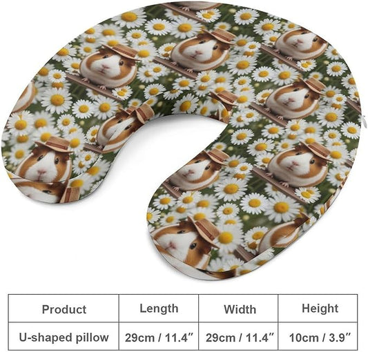 Cute Travel Neck Pillow Guinea Pigs Flowers Print Memory Foam U Shaped Cushion, Washable Cover for Boys Girls Airplane Car School Nap