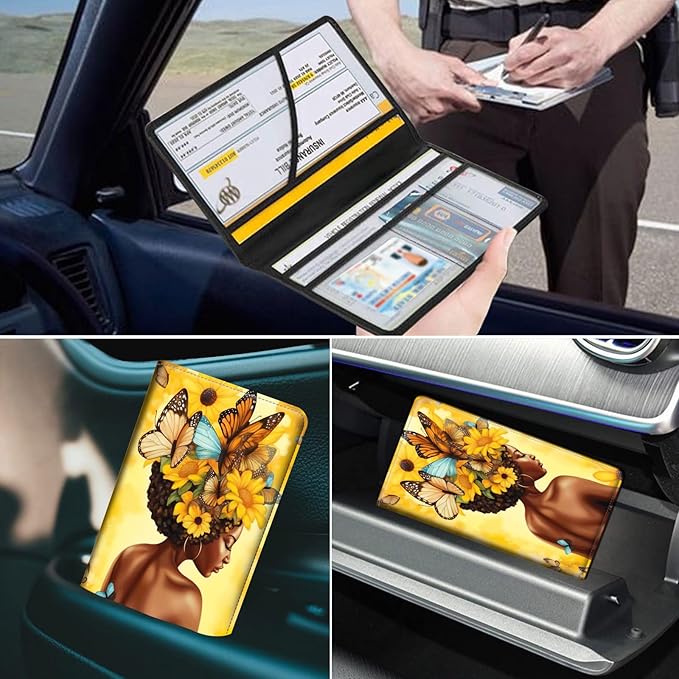 Car Registration and Insurance Holder, Leather Car Glove Box Organizer, Cool Car Accessories for ID, Driver's License Cards & Essential Document,business cards,Men&Women,African Butterflies Girl