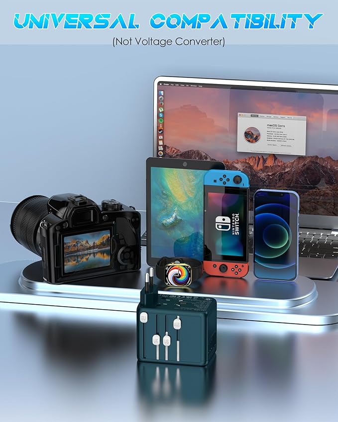 Universal Travel Adapter with 6.0A 3X 3.0A USB-C Ports, 2X 2.4A USB-A Ports & 2500W AC Outlets, International Power Plug Adapter Worldwide Travel Charger for EU UK AUS USA (Type C/G/I/A Plug)