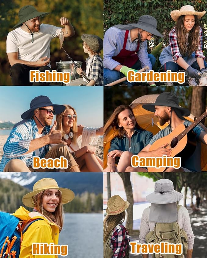 Outdoor Sun Hats with Stowable Neck Flap for Men Women UPF 50+ Mesh Summer Bucket Hat Wide Brim for Fishing Safari Hiking