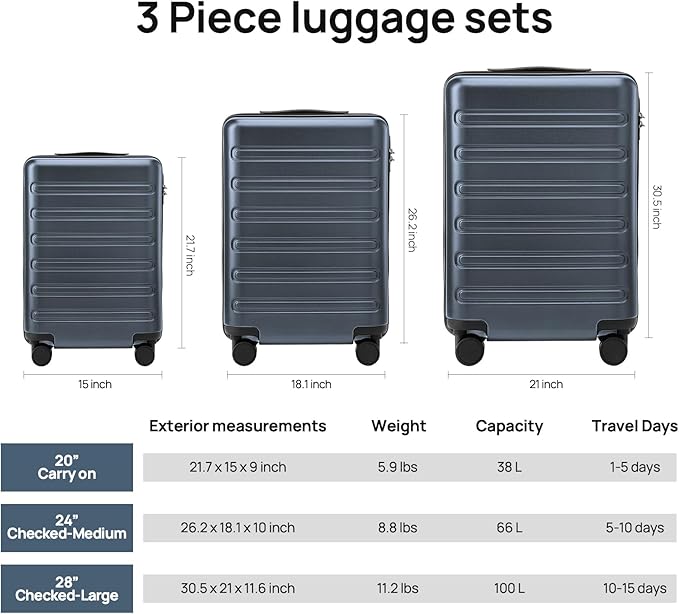 NINETYGO Large Checked Luggage 28 Inch, Checking In Luggage with Smooth Double Spinner Wheels, Hard Shell PC+ABS Suitcase, Lightweight Travel Luggage, TSA Approved (Grey, Andes)