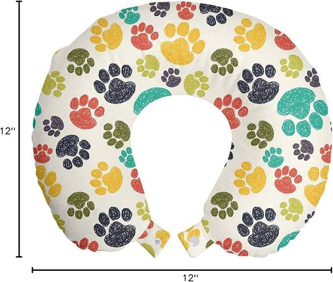 Ambesonne Dog Lover Travel Pillow Neck Rest, Hand Drawn Paw Print Doodles Circular Pattern Drawing Style Animal, Memory Foam Traveling Accessory for Airplane and Car, 12", Charcoal Beige