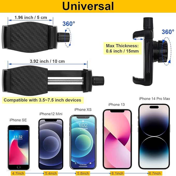 Phone Holder Clamp Mount for Treadmill/Spin Bike/Baby Stroller/Golf Cart/Music Stand/Microphone Stand/Handlebar,Compatible with 3.5~7.5" iPhone/Smartphone,360°Adjustable Aluminum Alloy Mount