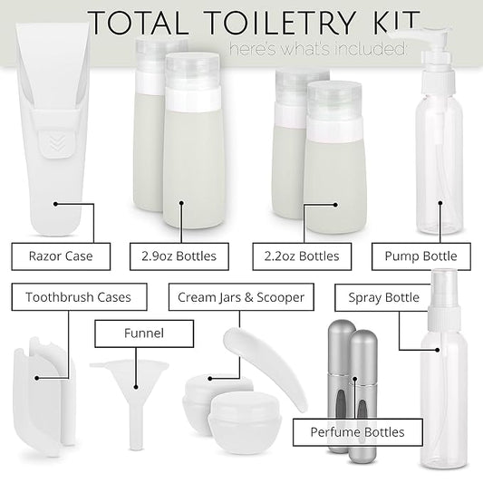 Travel Size Toiletry Bottles, Kit of 16 - TSA Approved Toiletries Essentials for Flying - Silicone Containers, Squeeze Bottles and Accessories for Shampoo, Conditioner, Liquids, Perfume, White