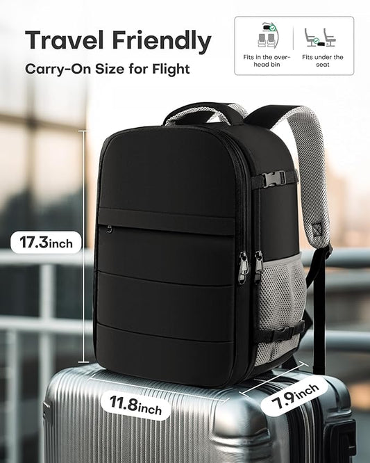 HOTOR Travel Backpack - Flight Approved Travel Bag for Men and Women, Carry on Luggage for 15.6" Laptop and Travel Essentials for Work, Business, Weekender, College 11.8"x7.9"x17.3" (Black)