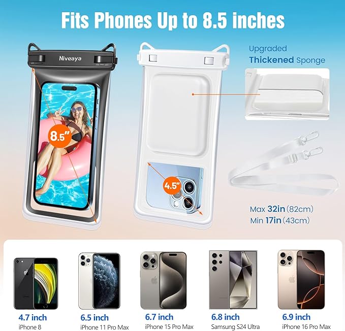 Niveaya Floating Waterproof Phone Pouch - 2 Pack Waterproof Dry Bag Case-Up to 8.5", Waterproof Phone Case with Adjustable Lanyard, Vacation Beach Swimming Pool Kayak Cruise Travel Essentials