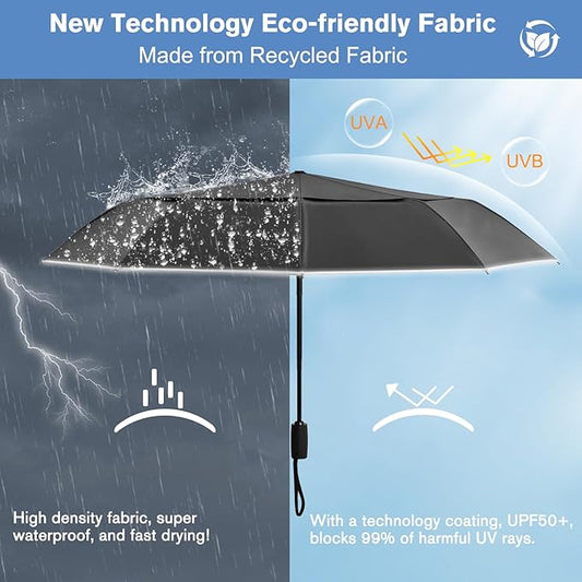 G4Free 42 Inch Eco Windproof Folding Umbrella for Rain & Sun 9 Ribs Wind Resistant Strong Fiberglass Double Canopy with Reflective Strip for Women Men Auto Open Close For Car & Backpack