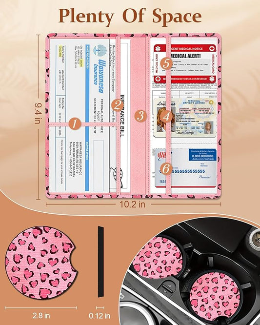 Slohif Car Registration and Insurance Card Holder - Leopard Vehicle Glove Box Organizer Women with Magnetic Shut Leather Automobile License Holders Coasters Auto Accessories Case for Document