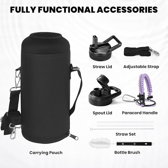 Insulated Water Bottle 87 oz, Triple Wall Vacuum Stainless Steel (Cold for 48 Hrs), Leak Proof & Non-BPA, Modern Water Flask Jug with Paracord Handle & Straw Spout Lids, Lilac