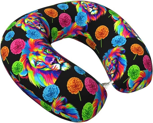 Comfortable Memory Foam Travel Neck Pillow, Funny Chin/Head Cushion Supporting Airplane Car Pillows Watercolor Lion Art Painting for Sleeping Outdoors Travel Office