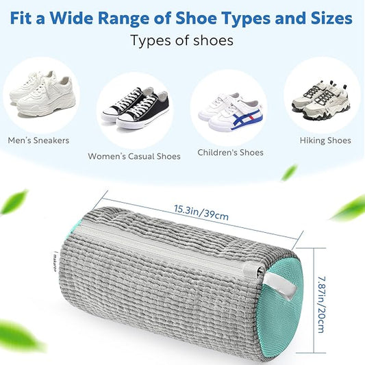 Shoe Bag for Washing Machine, Sneaker Cleaning Bag 2 PCS Set Grey, Fluffy Fiber Inside, Large Size Shoe Washing Machine Bag, 360 Laundry Bag for Tennis Gym Running Trainers Hiking