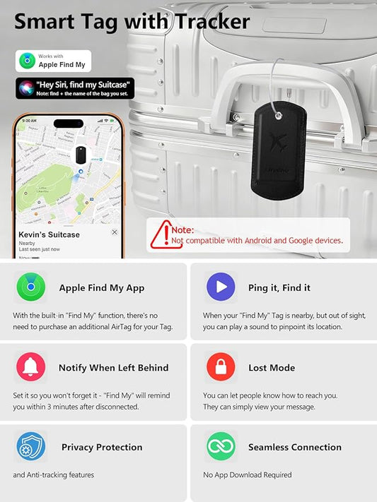 Luggage Tag with Tracker (iOS Only), Premium PU Leather Luggage Tags for Suitcase, Privacy Cover & ID Card Slot, Stainless Loop for Travel Bags, Backpack, Pet Carrier, Ideal Gadgets (Black)