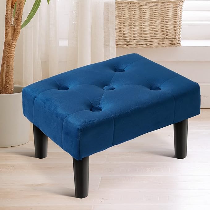 HOUCHICS Small Footstool Ottoman, Velvet Wooden Foot Stool Ottoman with Wood Legs, Sofa Footrest Extra Seating for Living Room Entryway Office(Blue 1PACK)