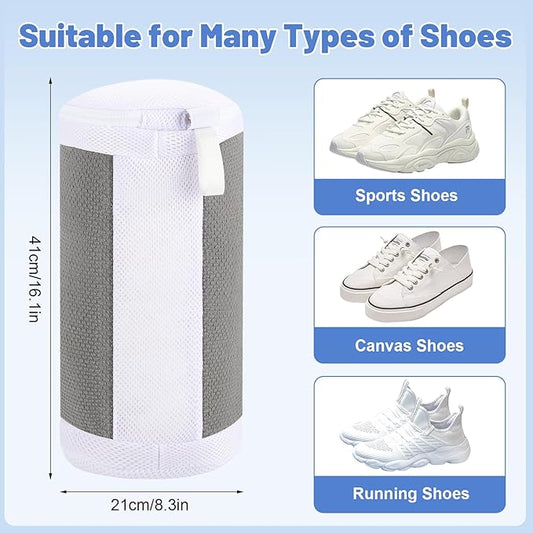 Shoe Washing Machine Bags, 2 PCS Reusable Grey+White Chenille Laundry Bags for Washing Machine, 360 Wrap-Around Clean Shoe Laundry Bags with Hidden Zipper