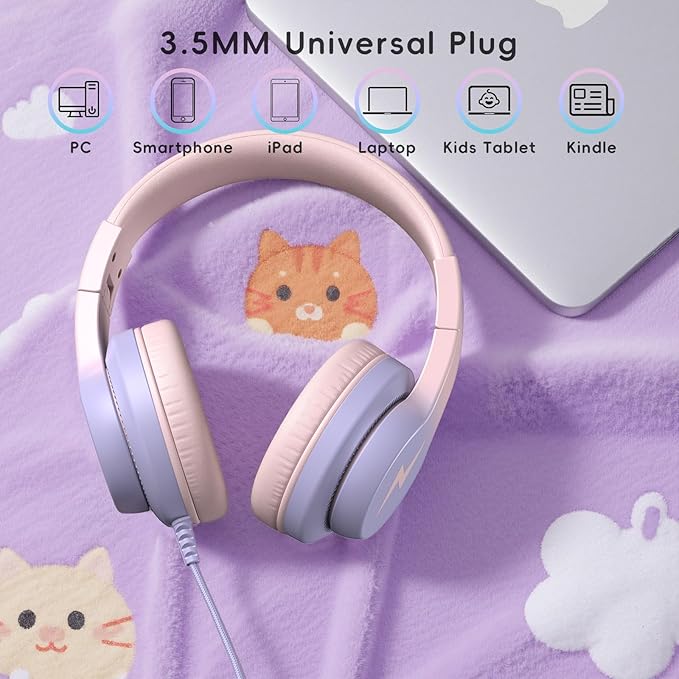 Kids Headphones, Wired Headphones for Kids Over Ear with Microphone, 85/94dB Volume Limiter Headphone for Girls Boys, Foldable Headphone for Learning & Entertainment, Gradient Pink