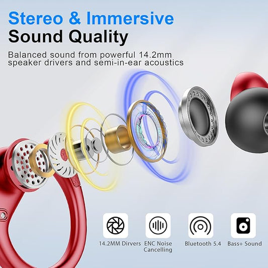 Wireless Earbuds Sport, Bluetooth 5.4 Headphones 2026 Bluetooth Earbuds with 75Hrs Stereo, 4 ENC Mic, Over-Ear Buds with Earhooks Noise Canceling Earphones , IP7 Waterproof Headset for Workout/Running