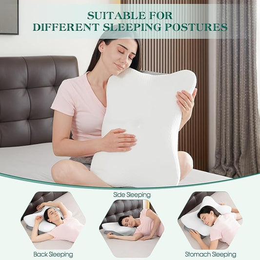 Cervical Pillow for Neck and Shoulder Support - Ergonomic Memory Foam Orthopedic Cervical Pillows with Removable Cover & Adjustable Heights for Side Back Stomach Sleepers (White)