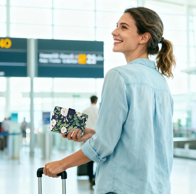 Passport Holder, Travel Wallet Cover with Pen Loop | Cute RFID Blocking Leather Case with Magnetic Closure for Travel Essentials-flower