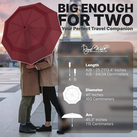 Royal Walk Windproof Folding Travel Umbrella Compact and Strong Luxurious Real Wood Handle Automatic Open Close Vented Double Canopy for Men and Women