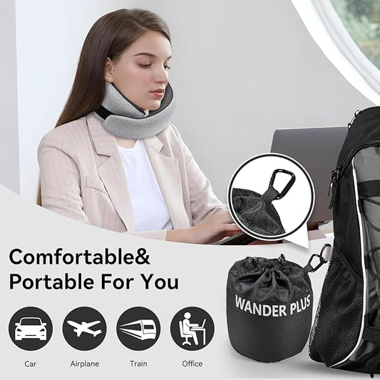 WANDER PLUSĀ® Travel Pillow, 100% Pure Memory Foam Travel Neck Pillow Airplane Neck Support Ergonomic Design Best for Sleeping Plane Car Train Office Flight for Adults Grey