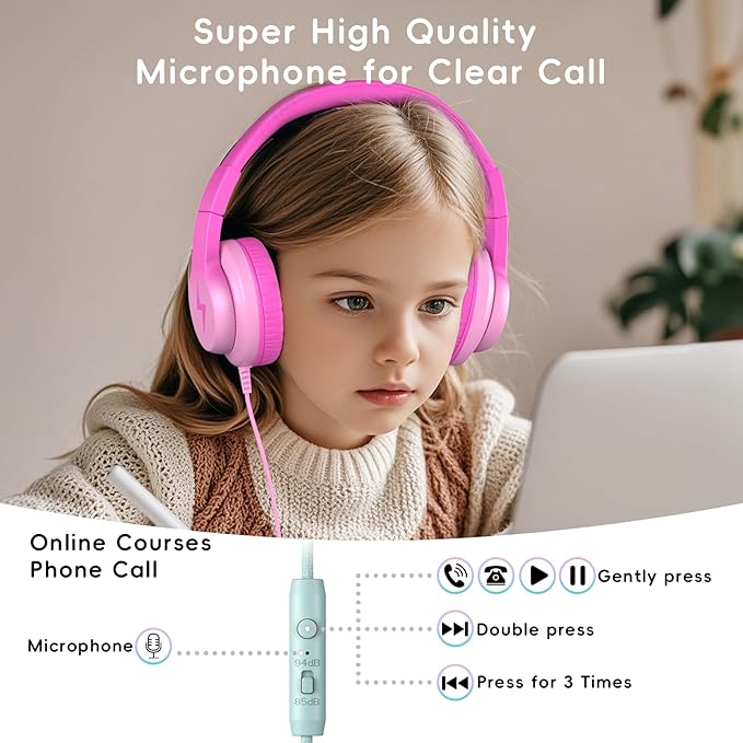 Kids Headphones, Wired Headphones for Kids Over Ear with Microphone, 85/94dB Volume Limiter Headphone for Girls Boys, Foldable Headphone for Learning & Entertainment, Gradient Deep Pink