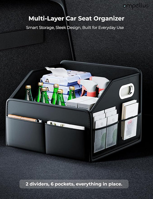 Car Seat Organizer, Collapsible Car Storage Organizer for Back Seat, Trunk Organzier with Metal Handles & Seat-belt Fixing Strap, Black