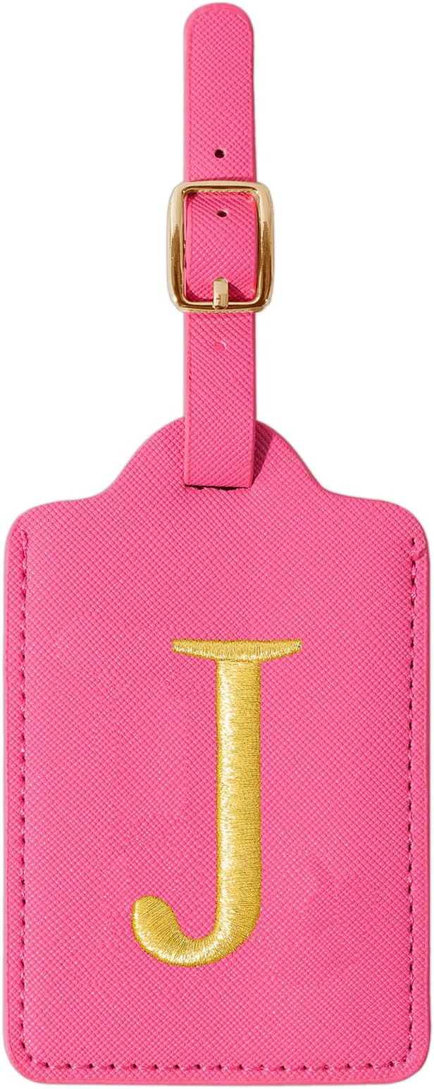 Personalized Initial Cute Luggage Tags - Rose Red Leather with Privacy Cover, Embroidered Custom Monogram for Women Kids