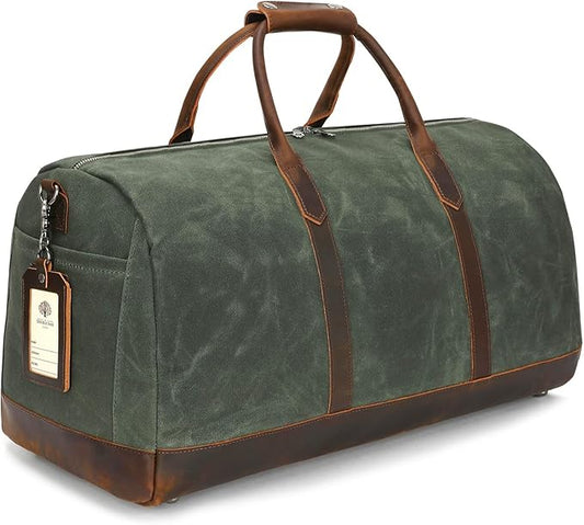Waxed Canvas Weekender Duffle Bag, Vintage Style Travel Bag with Leather Trim, Army Green (Forest Green)