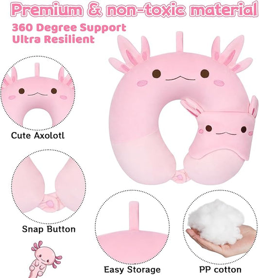 Kids Travel Pillow, Kid Neck Pillows with Eye Mask Cute Axolotl U Shaped Neck Pillow, Neck Support Travel Pillow for Road Trip, Airplane, Travel Pillow for Kids & Adults