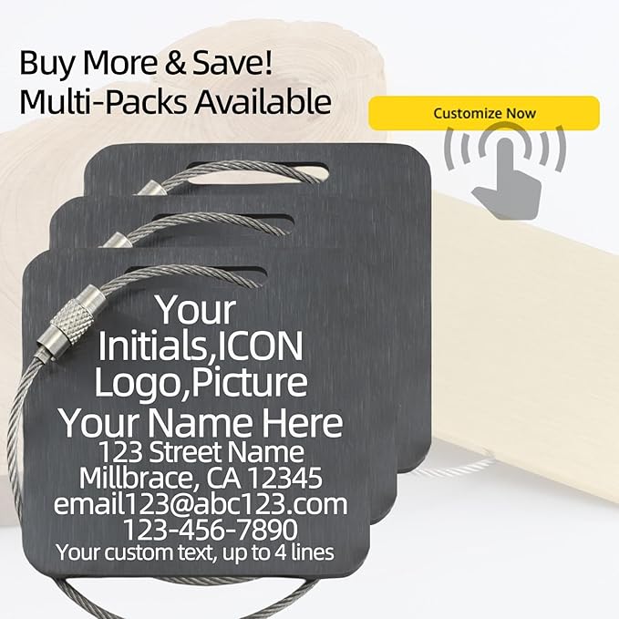 Sturdy and Durable Personalized Luggage Tags for Suitcases,Cruise Essentials Travel Tags for Luggage,Travel Bag Labels,Travel Essentials Heavy-Duty Stainless Steel Black Square Suitcases Tags