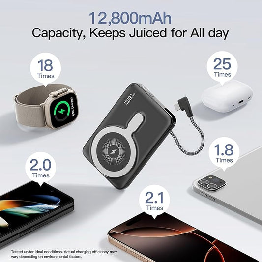 2025 Updated M3 Ultra Slim 0.4'' Wireless Power Bank, 12800mAh Magnetic Portable Charger with Built in Cable and Strap, LED Battery Pack Travel Essentials for iPhone 16/15/14/13/12/Pro/Pro Max Andriod