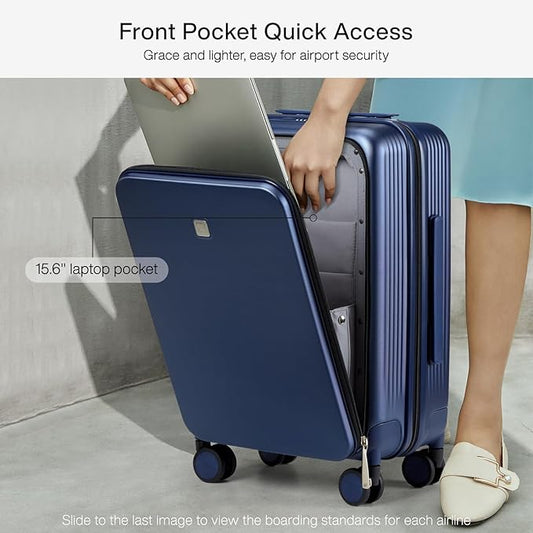 Hanke Grace Carry On Luggage with Wheels Airline Approved Hard Shell Suitcases with Front Pocket,Top Opening Luggage with TSA Lock for Short Business Travel,Dark Blue