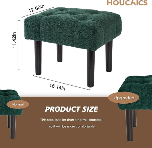 HOUCHICS Fur Padded Foot Stool, Small Ottoman Rest with Wooden Legs, Modern Rectangle Chair Rest for Living Room, Couch, Desk (Green)