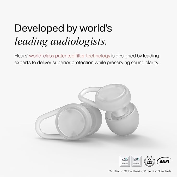Hears Plus High-Fidelity Ear Plugs – Enhanced Noise Reduction for Loud Events, Focus, Travel & Noise Sensitivity – Certified 25dB SNR Hearing Protection – Reusable, Hypoallergenic Tips + Carry Case