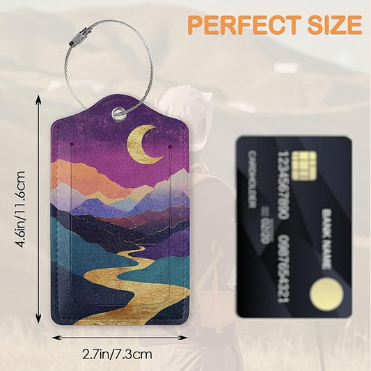 Colorful Abstract Mountain 3 Pack PU Leahter Luggage Tag with Stainless Steel Loop, Bold Golden Sun Crescent Moon Travel Suitcase Labels with Privacy Cover ID Label Quickly Spot for Bags