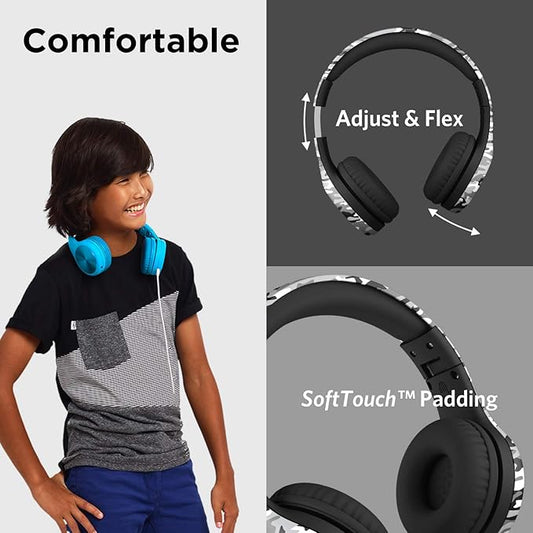 LilGadgets Connect+ Pro Wired Kids Headphones for School with Microphone, Volume Limiting Over-Ear Headset with Cord, SharePort Technology & SoftTouch Padding, Snow Camo