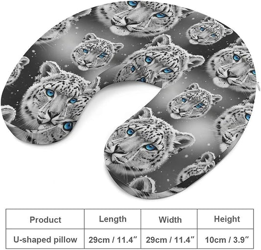 Unisex Travel Neck Pillow Memory Foam U Shaped Cushion Snow Leopard, Washable Cover for Men Women Airplane Car Home Rest