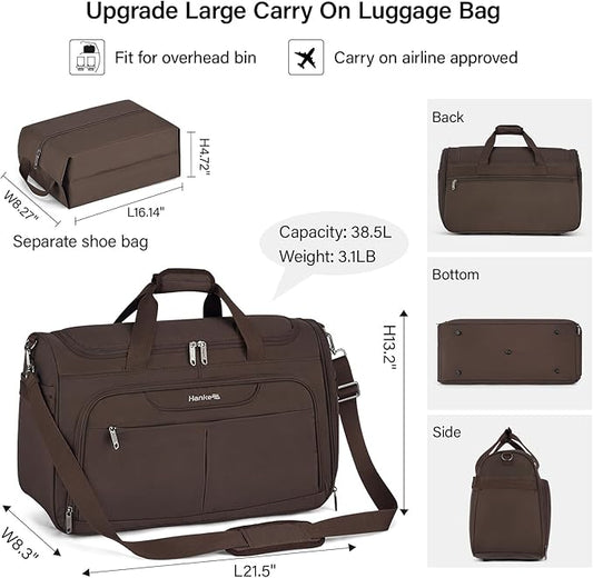 Hanke Carry On luggage Bags for Travel, Large Foldable Duffle Bag for Travel, Softside Lightweight Travel Bag Carry On Bags for Airplanes Women, Travel Tote Bags for Women Men.(Coffee)