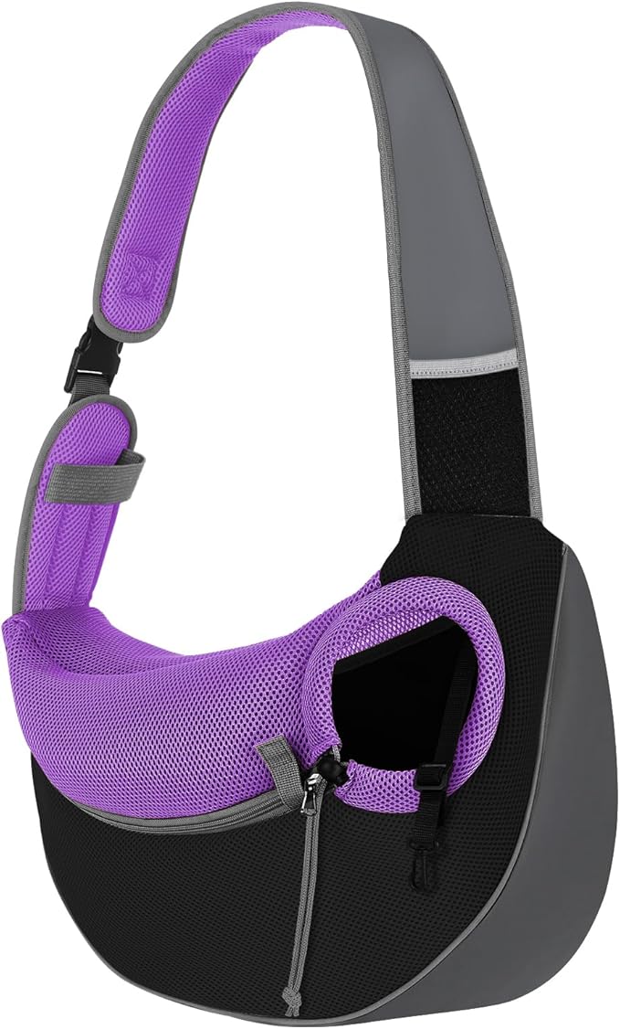 Pawaboo Dog Sling Carrier, Hand Free Breathable Mesh Bag for Puppy Cat, Drawstring Dog Papoose with Adjustable Strap and Pocket, Crossbody Satchel Dogs Purse for Outdoor Travel, S, Deep Purple
